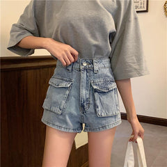 Big Retro Pockets Washed Black Blue Denim Shorts