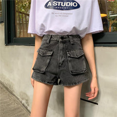 Big Retro Pockets Washed Black Blue Denim Shorts