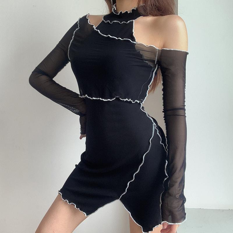 Black Aesthetic Halter Mesh Long Sleeve Dress