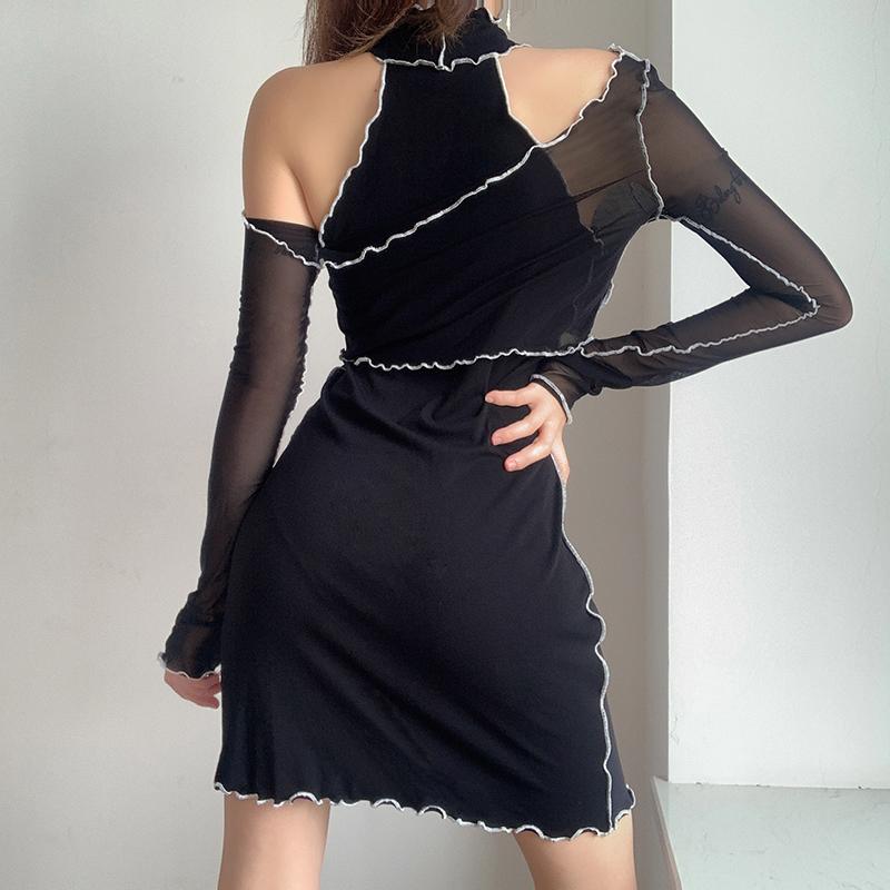 Black Aesthetic Halter Mesh Long Sleeve Dress