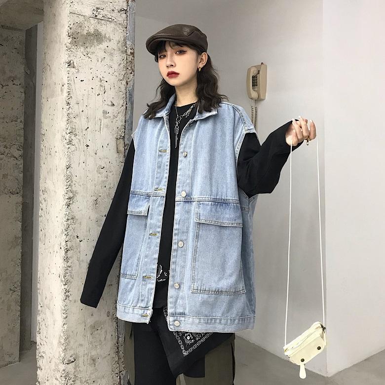 Black And Blue Denim Oversized Sleeveless Jacket