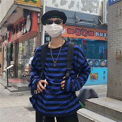 Black And Blue Stripes Long Sleeve Oversized T-Shirt