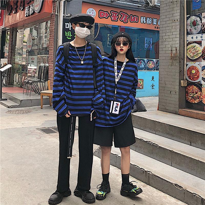 Black And Blue Stripes Long Sleeve Oversized T-Shirt