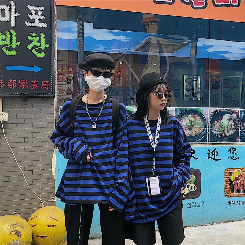 Black And Blue Stripes Long Sleeve Oversized T-Shirt