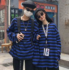 Black And Blue Stripes Long Sleeve Oversized T-Shirt