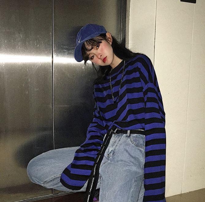 Black And Blue Stripes Long Sleeve Oversized T-Shirt