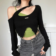 Black And Green Two Piece Irregular Slim Crop Top