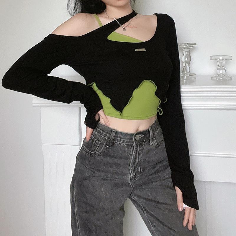 Black And Green Two Piece Irregular Slim Crop Top