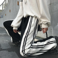 Black And White 90S Aesthetic Side Lines Loose Pants