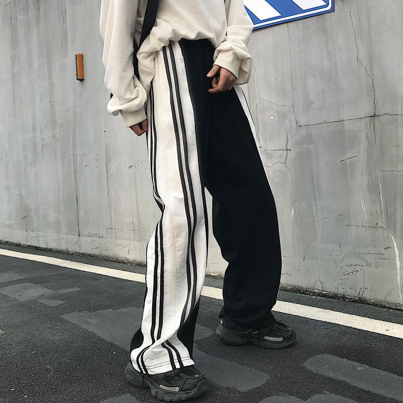 Black And White 90S Aesthetic Side Lines Loose Pants