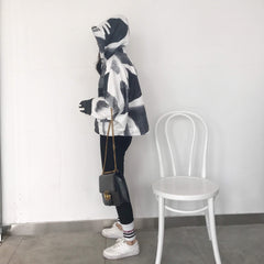 Black And White Animal Pattern Hooded Loose Jacket