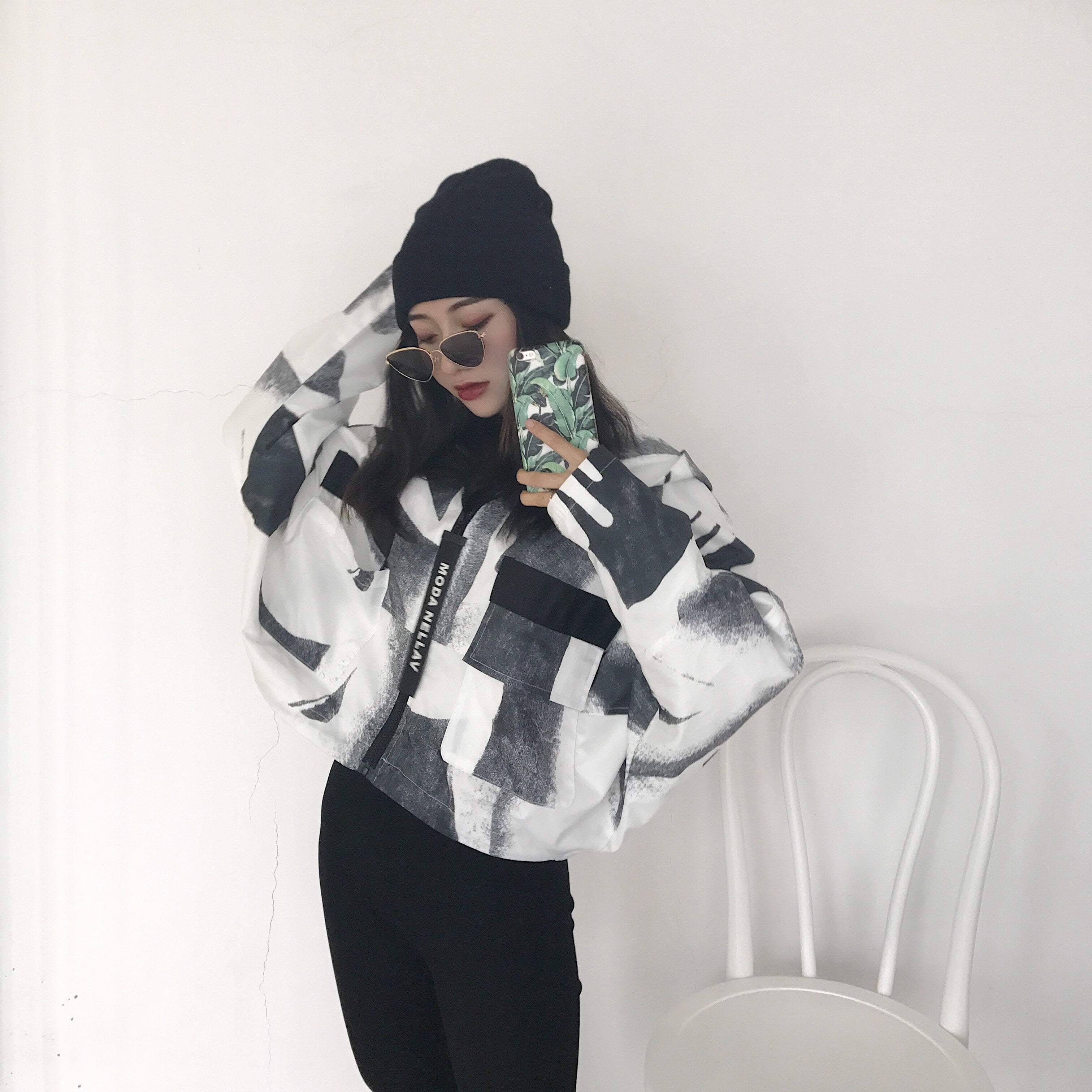 Black And White Animal Pattern Hooded Loose Jacket