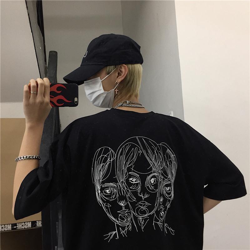 Black And White Cartoon Head Print Oversized T-Shirt