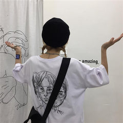 Black And White Cartoon Head Print Oversized T-Shirt