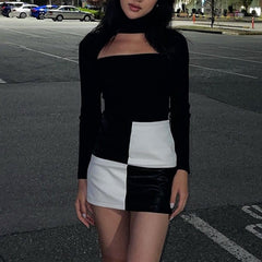 Black And White Checkered Aesthetic Tube Mini Skirt