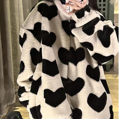 Black And White Heart Pattern Fluffy Zipper Sweatshirt