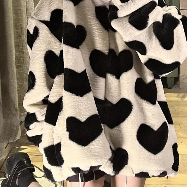 Black And White Heart Pattern Fluffy Zipper Sweatshirt