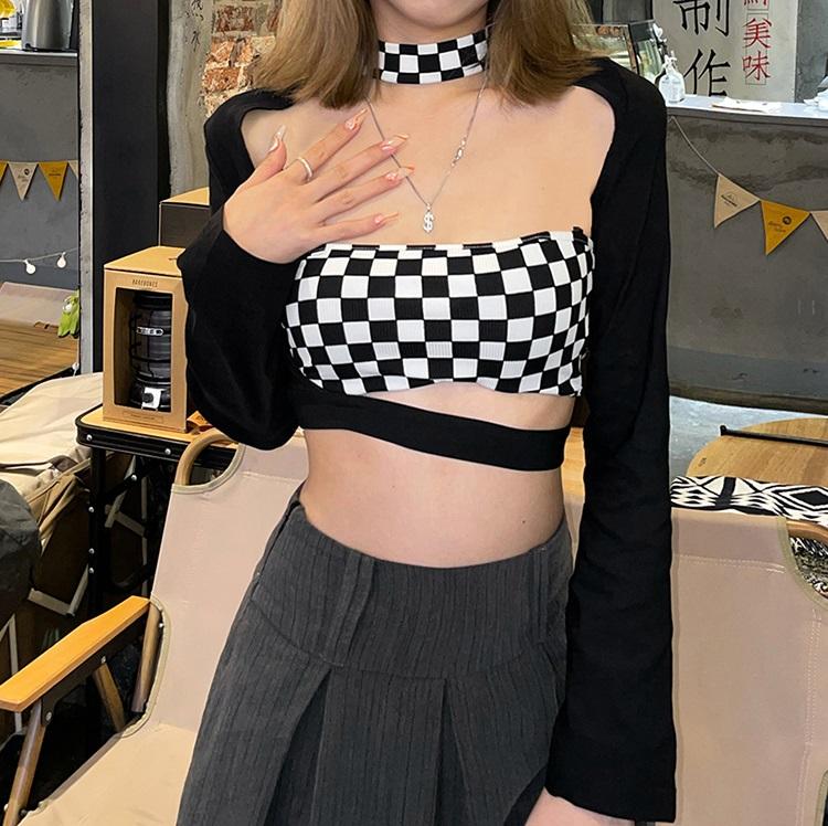 Black And White Long Sleeves Checkered Two Piece Tube Top