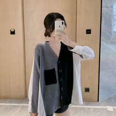 Black And White Stitching Back Chiffon V-Neck Cardigan