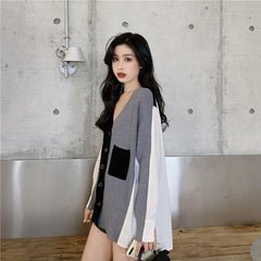 Black And White Stitching Back Chiffon V-Neck Cardigan