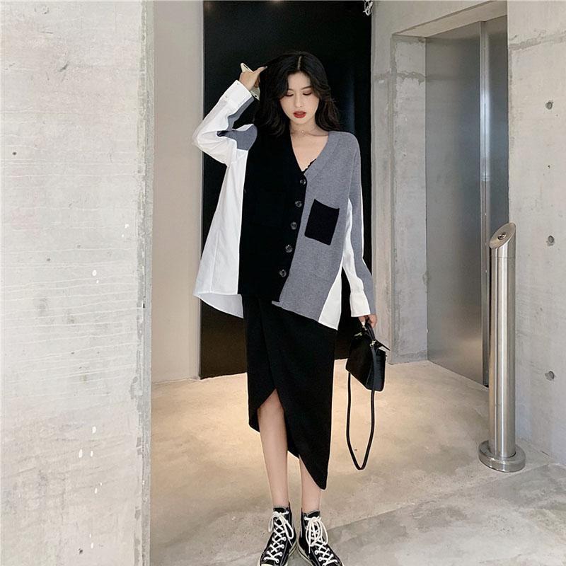 Black And White Stitching Back Chiffon V-Neck Cardigan