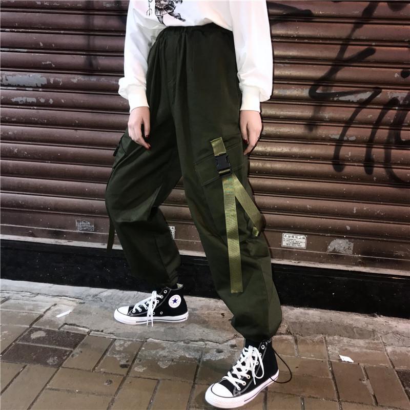 Black Army Green Big Pockets Loose High Waist Retro Pants