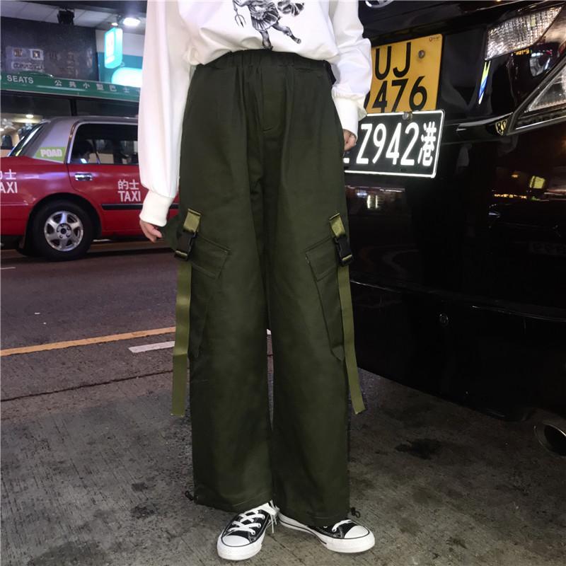 Black Army Green Big Pockets Loose High Waist Retro Pants