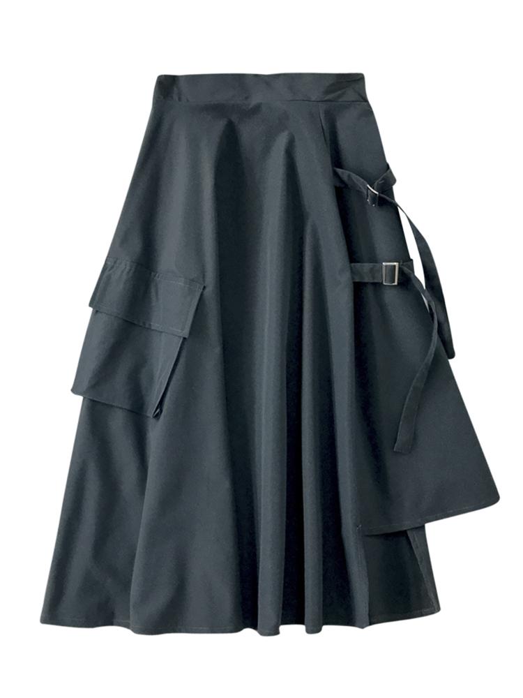 Black Asymmetric Techwear Pockets Loose Midi Skirt