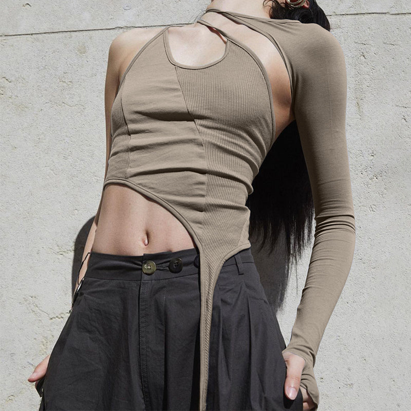 Black Beige Edgy Irregular One Sleeve Slim Crop Top