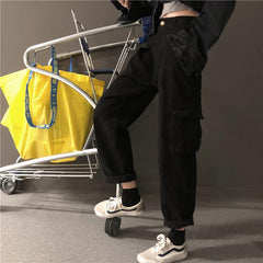 Black Big Pockets Elastic High Waist Loose Pants