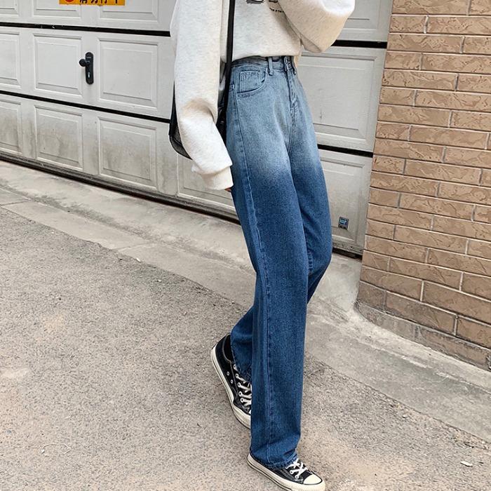 Black Blue Gradient Washed High Waist Straight Jeans