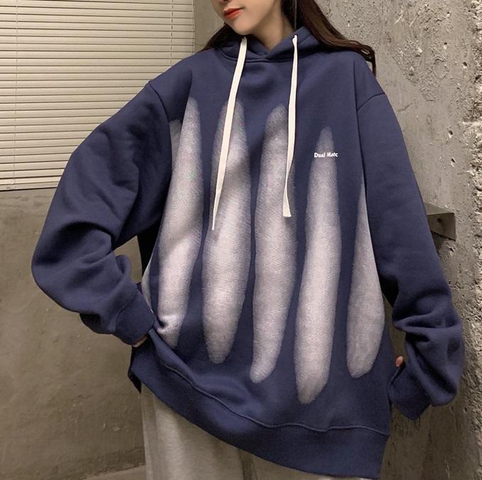 Black Blue Oversized Plus Velvet Hooded Sweatshirt