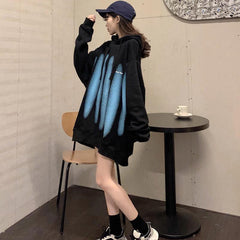 Black Blue Oversized Plus Velvet Hooded Sweatshirt