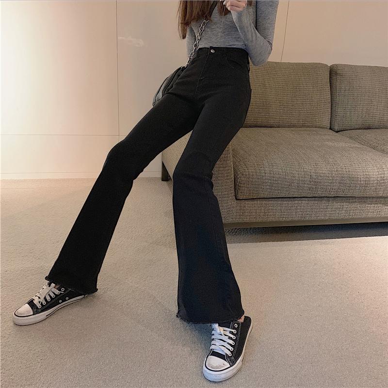 Black Blue Retro Slim Flared High Waist Denim Pants