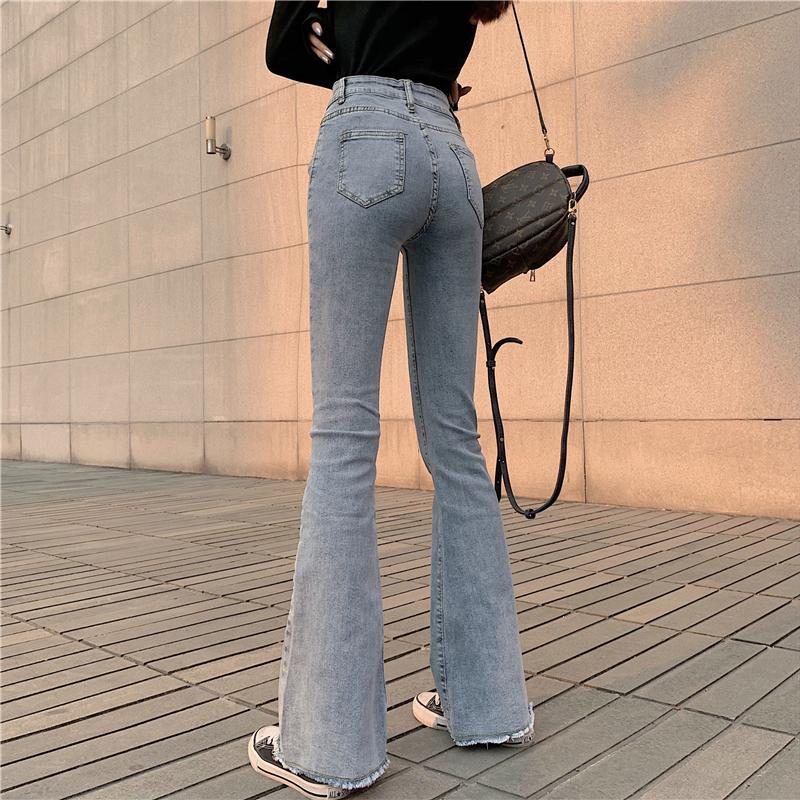 Black Blue Retro Slim Flared High Waist Denim Pants