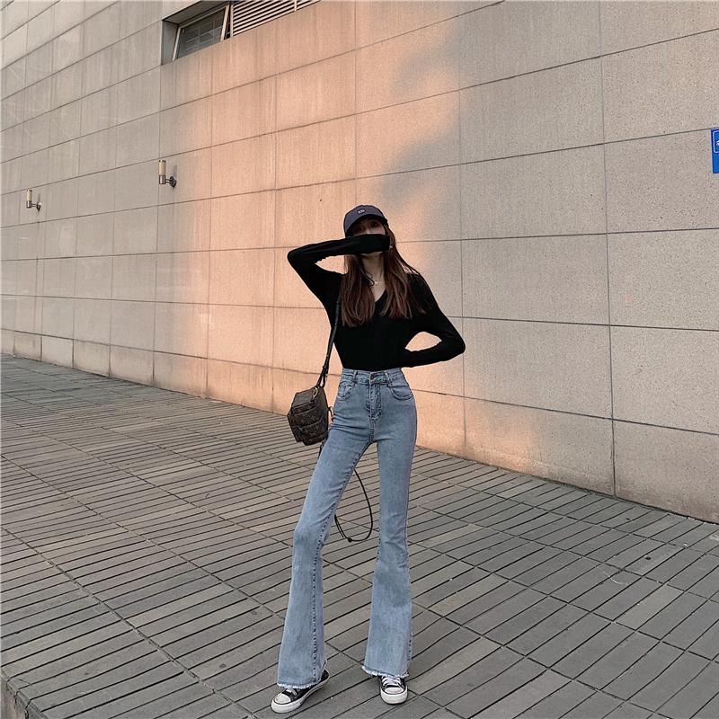 Black Blue Retro Slim Flared High Waist Denim Pants