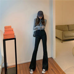 Black Blue Retro Slim Flared High Waist Denim Pants