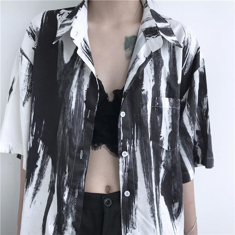 Black Brush Strokes Print Kpop White Loose Casual Shirt