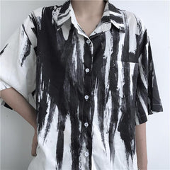 Black Brush Strokes Print Kpop White Loose Casual Shirt