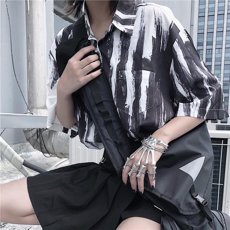 Black Brush Strokes Print Kpop White Loose Casual Shirt