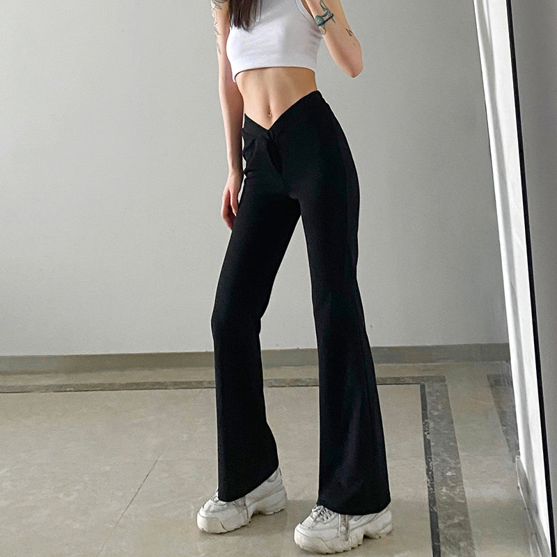 Black Caramel V-shaped High Waist Thin Flared Pants