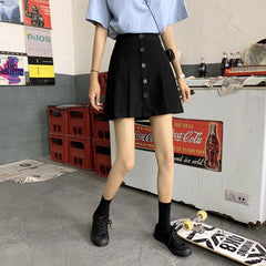 Black Casual Front Buttons Pleated High Waist Skirt