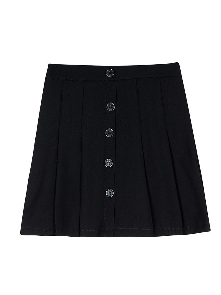 Black Casual Front Buttons Pleated High Waist Skirt