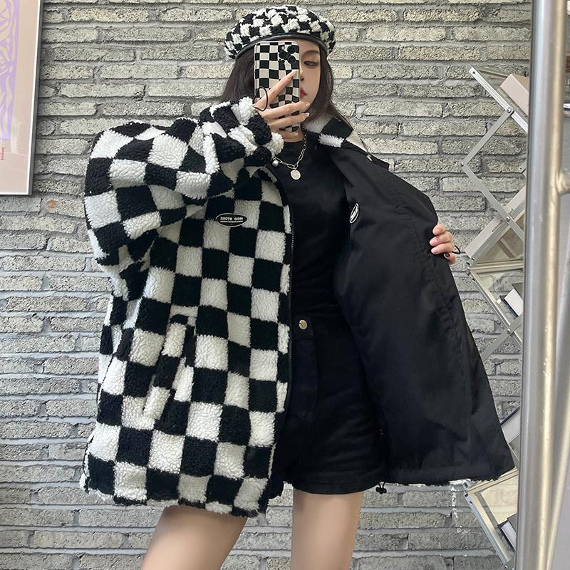 Black Checkered Print Fluffy Two Sided Loose Jacket