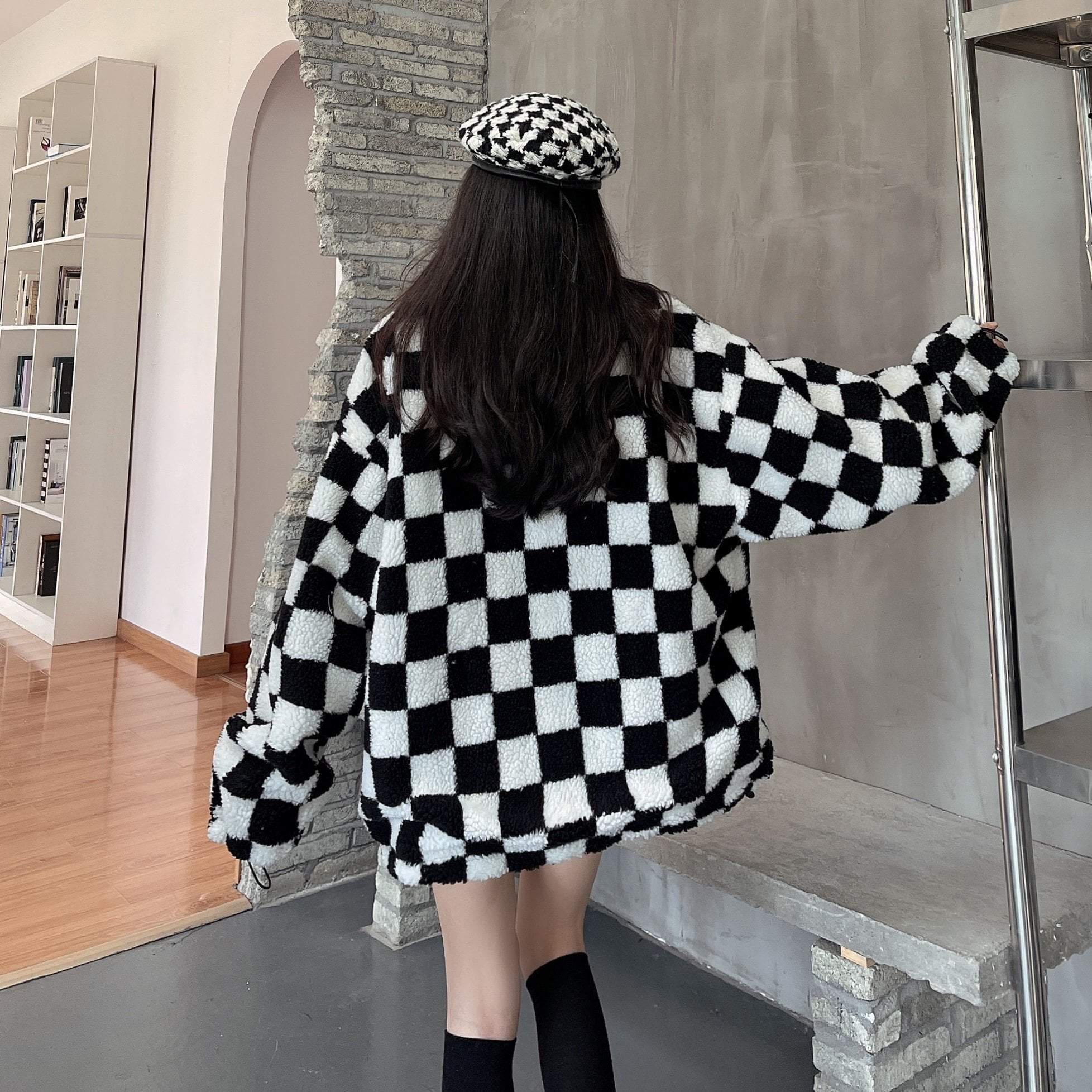 Black Checkered Print Fluffy Two Sided Loose Jacket