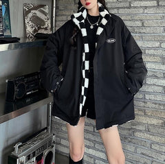 Black Checkered Print Fluffy Two Sided Loose Jacket