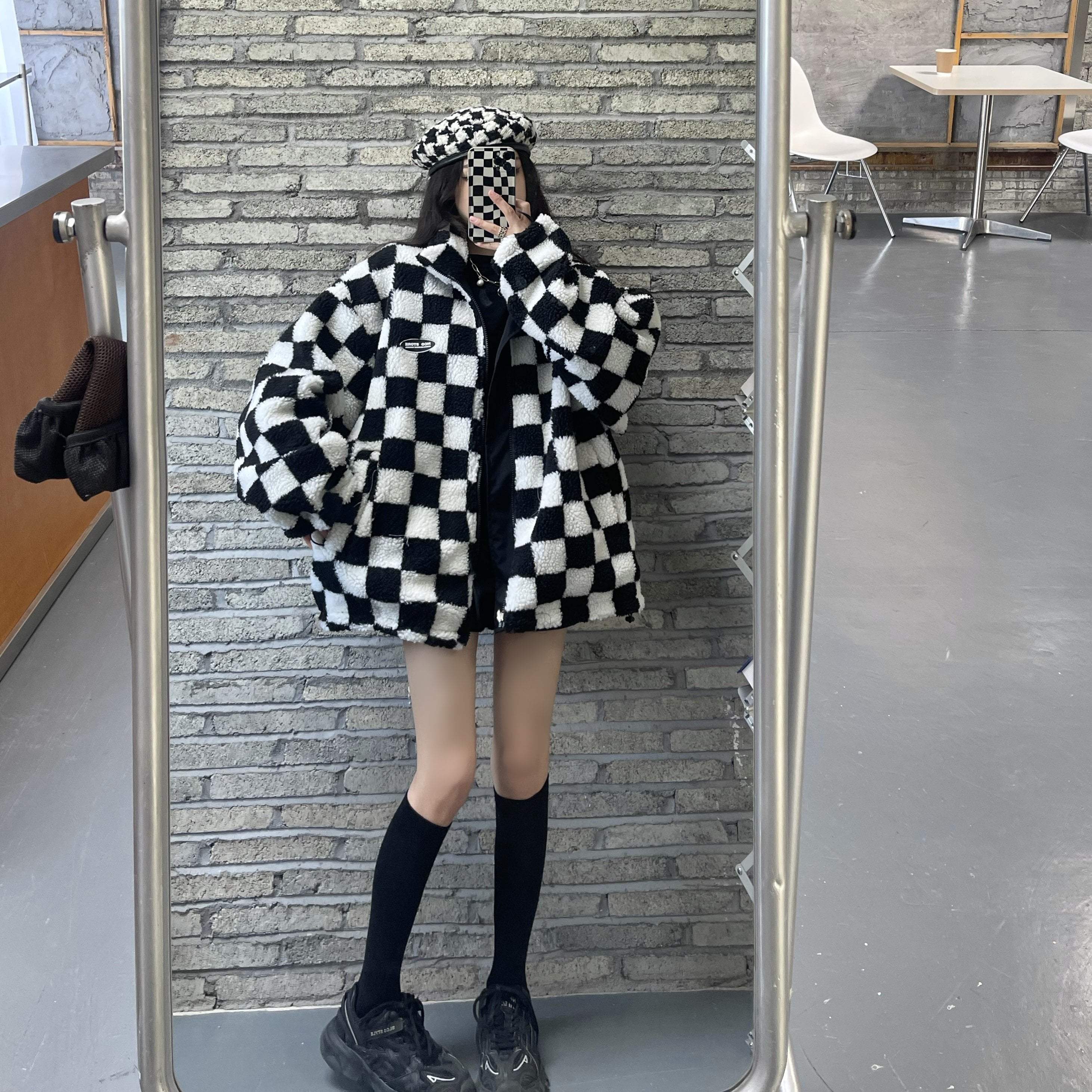 Black Checkered Print Fluffy Two Sided Loose Jacket