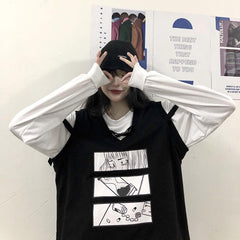 Black Comic Print Loose Knit Techwear Vest