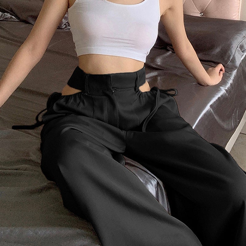 Black Cut Out Pocket Drawstring High Waist Pants