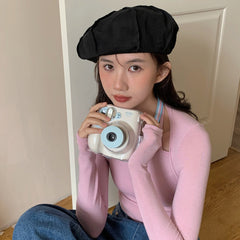 Black Cute Vintage Aesthetic Denim Stitching Thin Beret